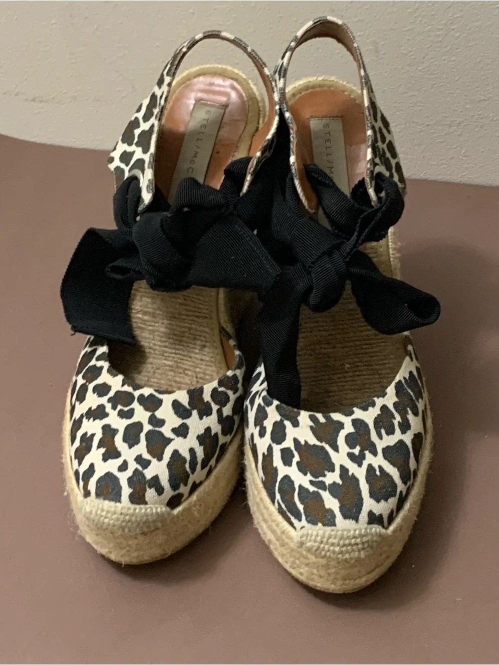 STELLA McCARTNEY Animal Print Canvas Ribbon Ankle Tie Wedge Espadrille Shoe Sz39